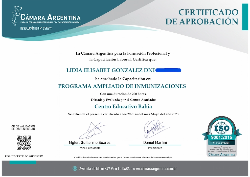 Certificado Cámara Argentina de Capacitación y Profesionalización
